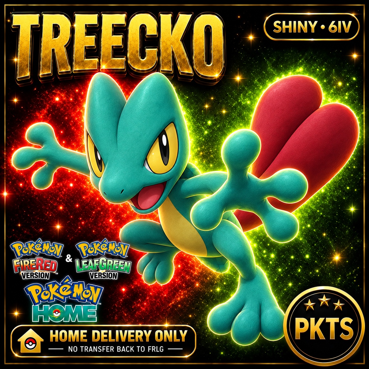 Shiny Treecko. Pokémon HOME delivery only; no transfer back to FRLG.