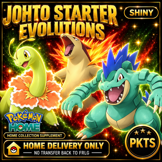 Shiny Johto Starter Evolutions Bundle. Pokémon HOME delivery only; no transfer back to FRLG.