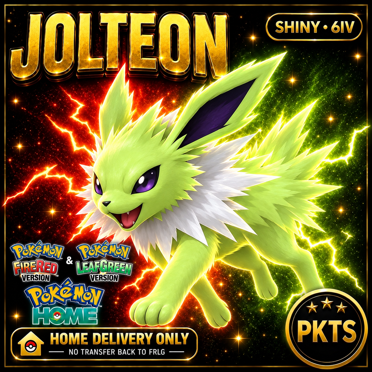 Shiny Jolteon. Pokémon HOME delivery only; no transfer back to FRLG.