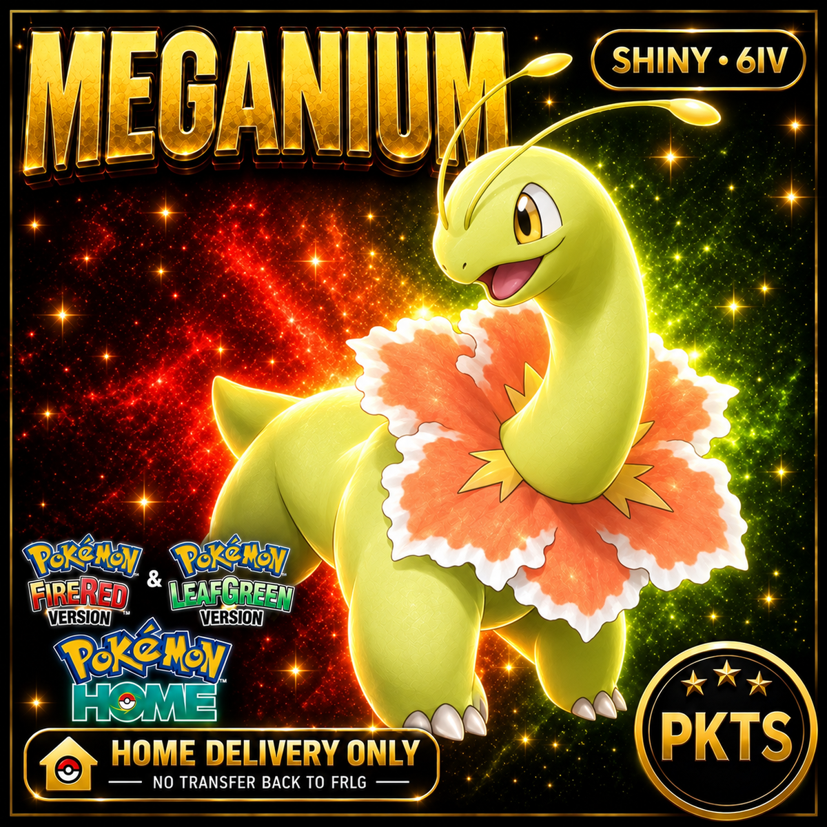 Shiny Meganium. Pokémon HOME delivery only; no transfer back to FRLG.