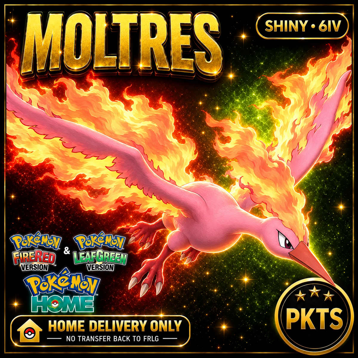 Shiny Moltres. Pokémon HOME delivery only; no transfer back to FRLG.