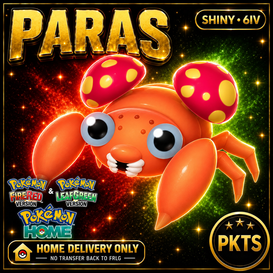 Shiny Paras. Pokémon HOME delivery only; no transfer back to FRLG.