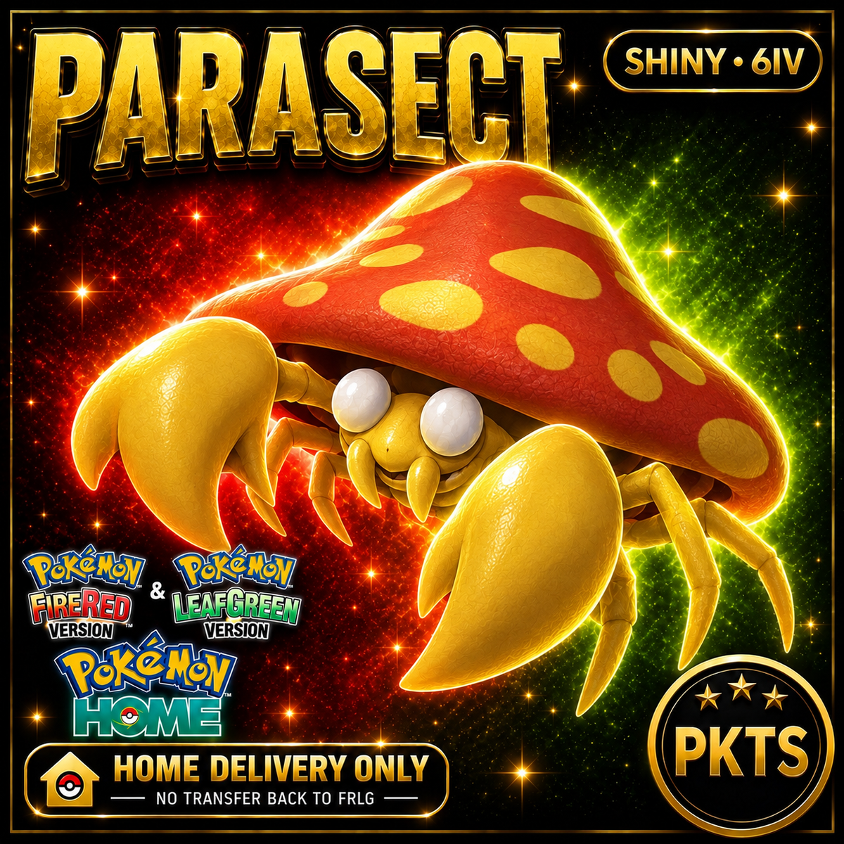 Shiny Parasect. Pokémon HOME delivery only; no transfer back to FRLG.