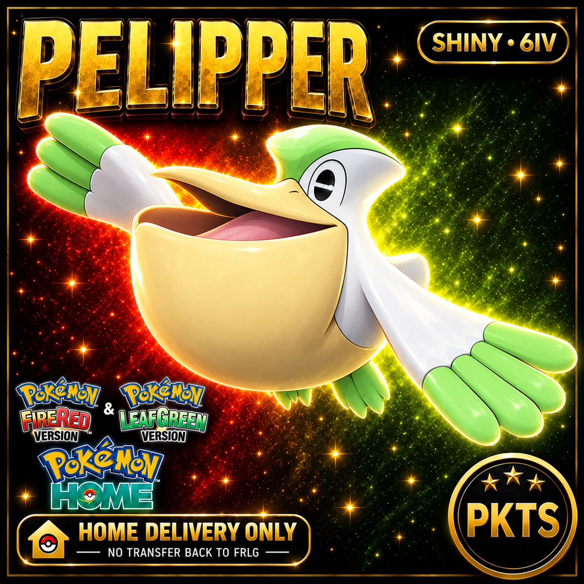 Shiny Pelipper. Pokémon HOME delivery only; no transfer back to FRLG.