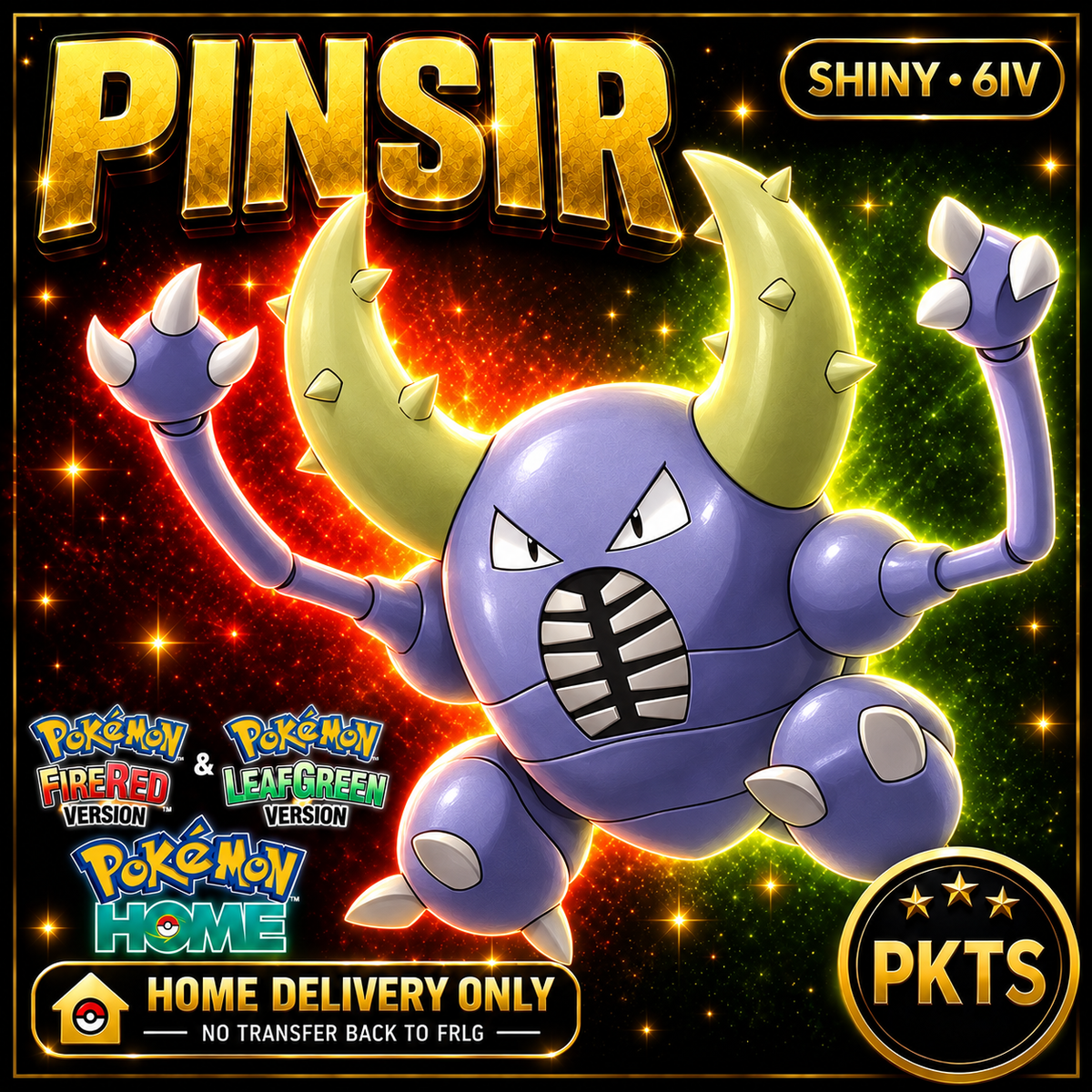 Shiny Pinsir. Pokémon HOME delivery only; no transfer back to FRLG.