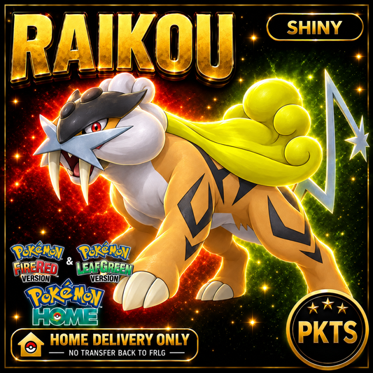Shiny Raikou. Pokémon HOME delivery only; no transfer back to FRLG.
