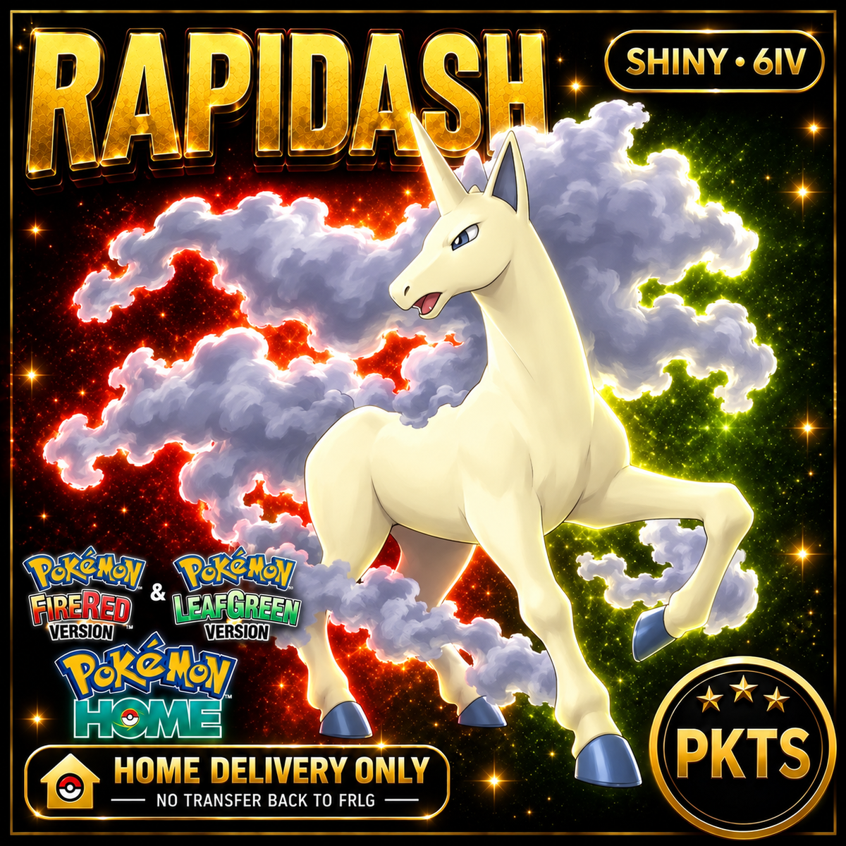 Shiny Rapidash. Pokémon HOME delivery only; no transfer back to FRLG.