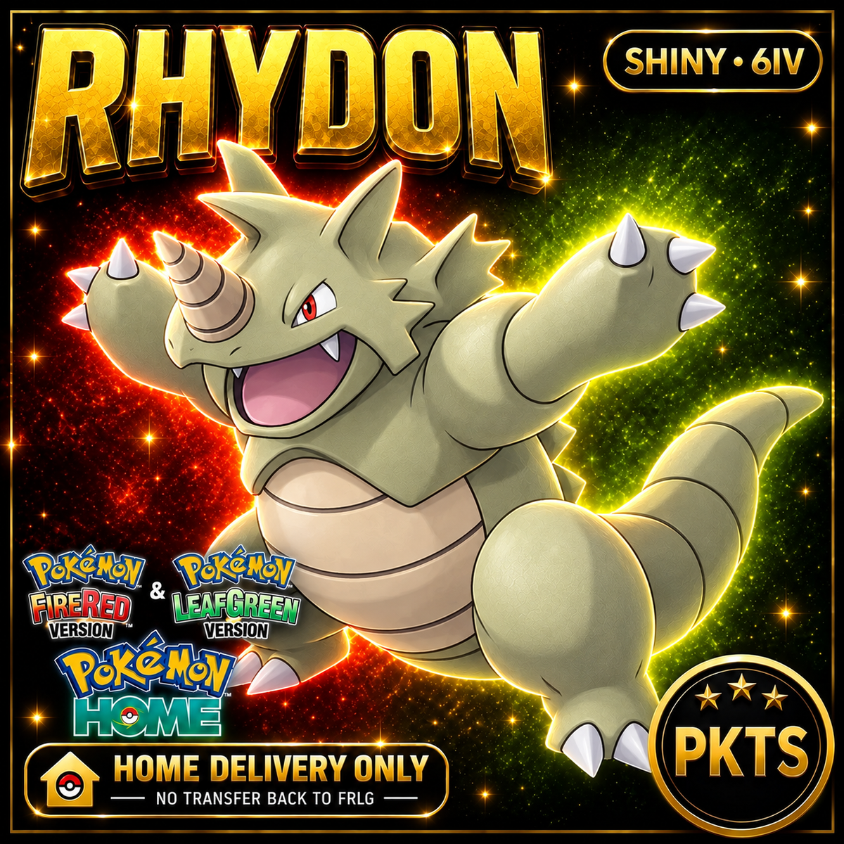 Shiny Rhydon. Pokémon HOME delivery only; no transfer back to FRLG.