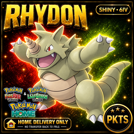 Shiny Rhydon. Pokémon HOME delivery only; no transfer back to FRLG.