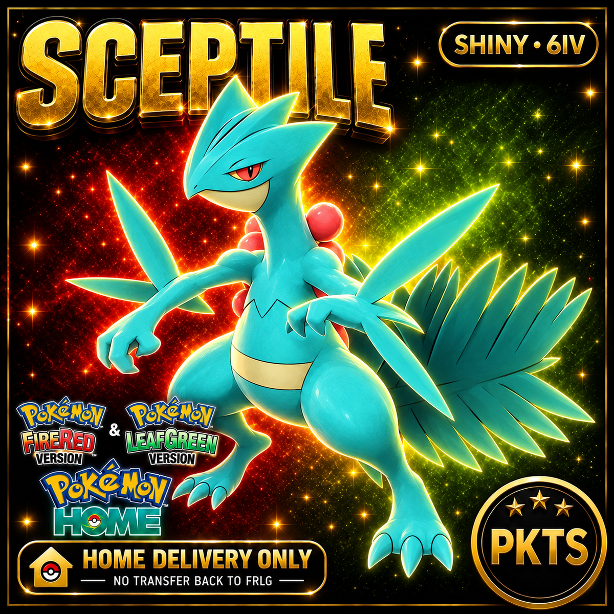 Shiny Sceptile. Pokémon HOME delivery only; no transfer back to FRLG.