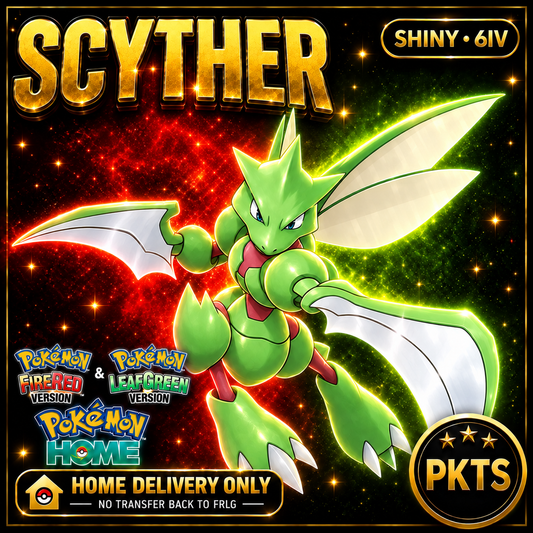 Shiny Scyther. Pokémon HOME delivery only; no transfer back to FRLG.