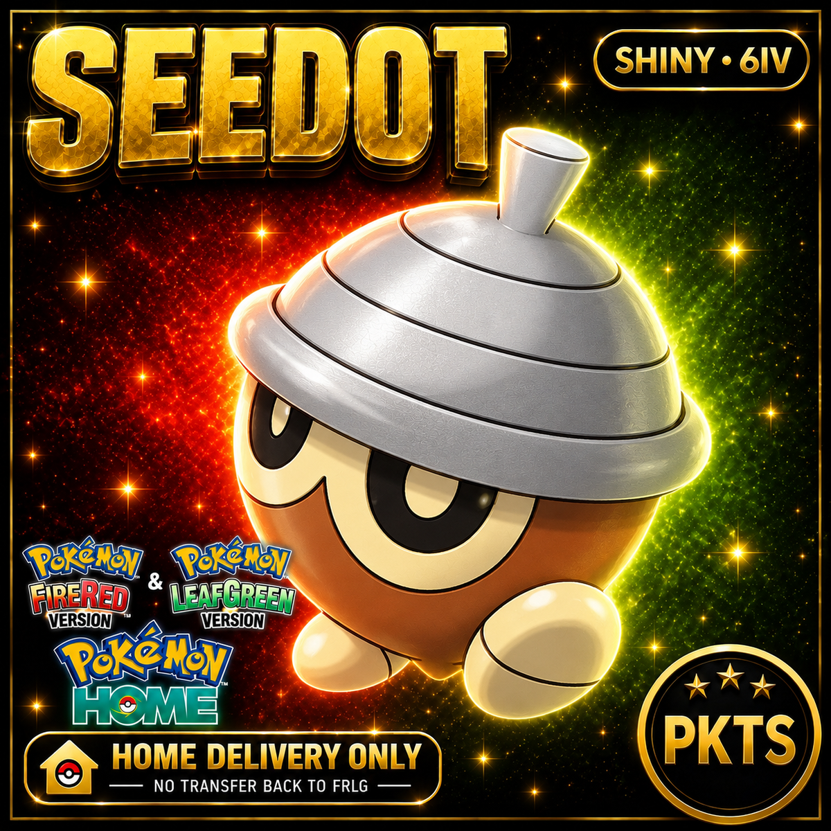Shiny Seedot. Pokémon HOME delivery only; no transfer back to FRLG.