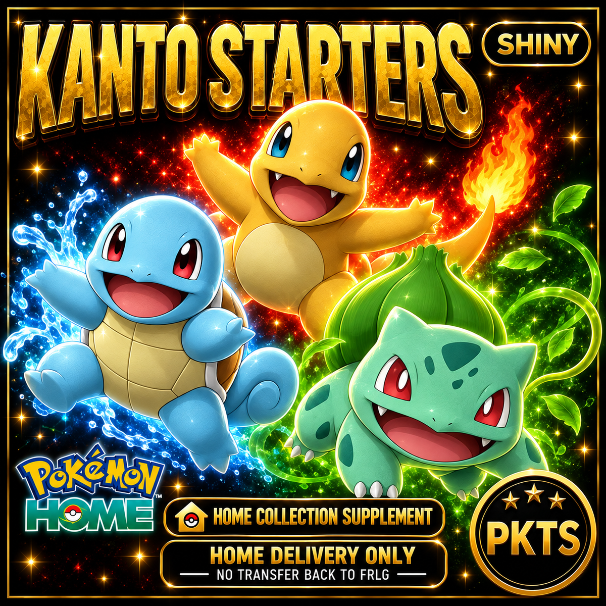 Shiny Kanto Starters Bundle. Pokémon HOME delivery only; no transfer back to FRLG.