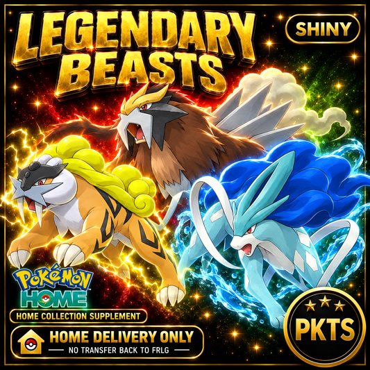 Shiny Legendary Beasts Bundle. Pokémon HOME delivery only; no transfer back to FRLG.