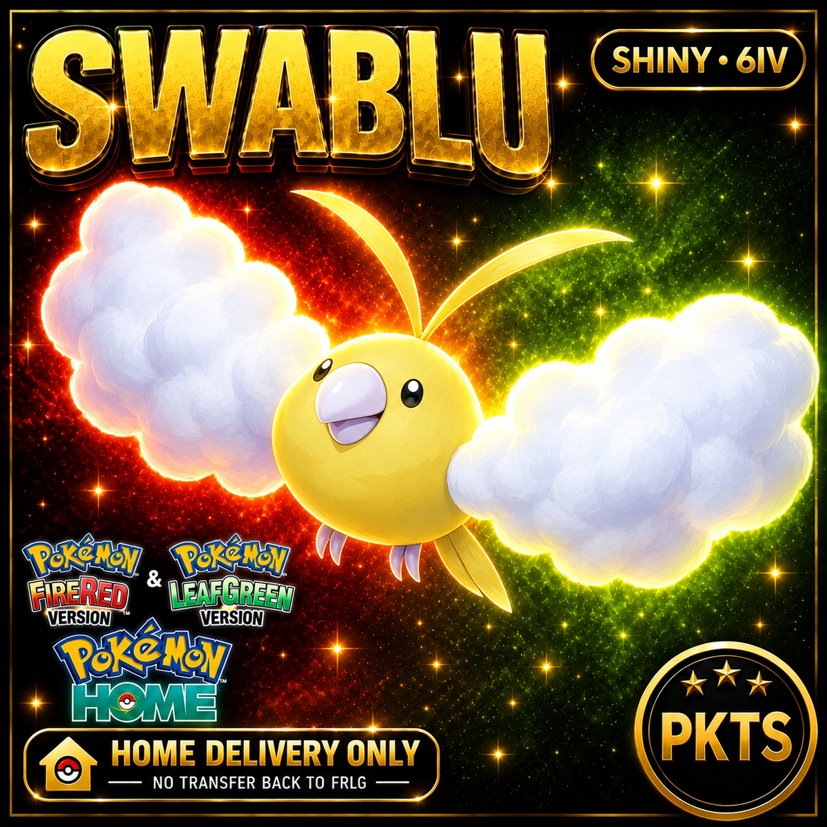 Shiny Swablu. Pokémon HOME delivery only; no transfer back to FRLG.