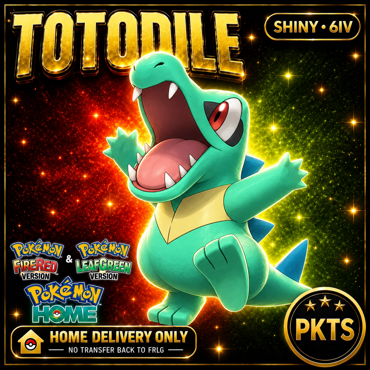 Shiny Totodile. Pokémon HOME delivery only; no transfer back to FRLG.