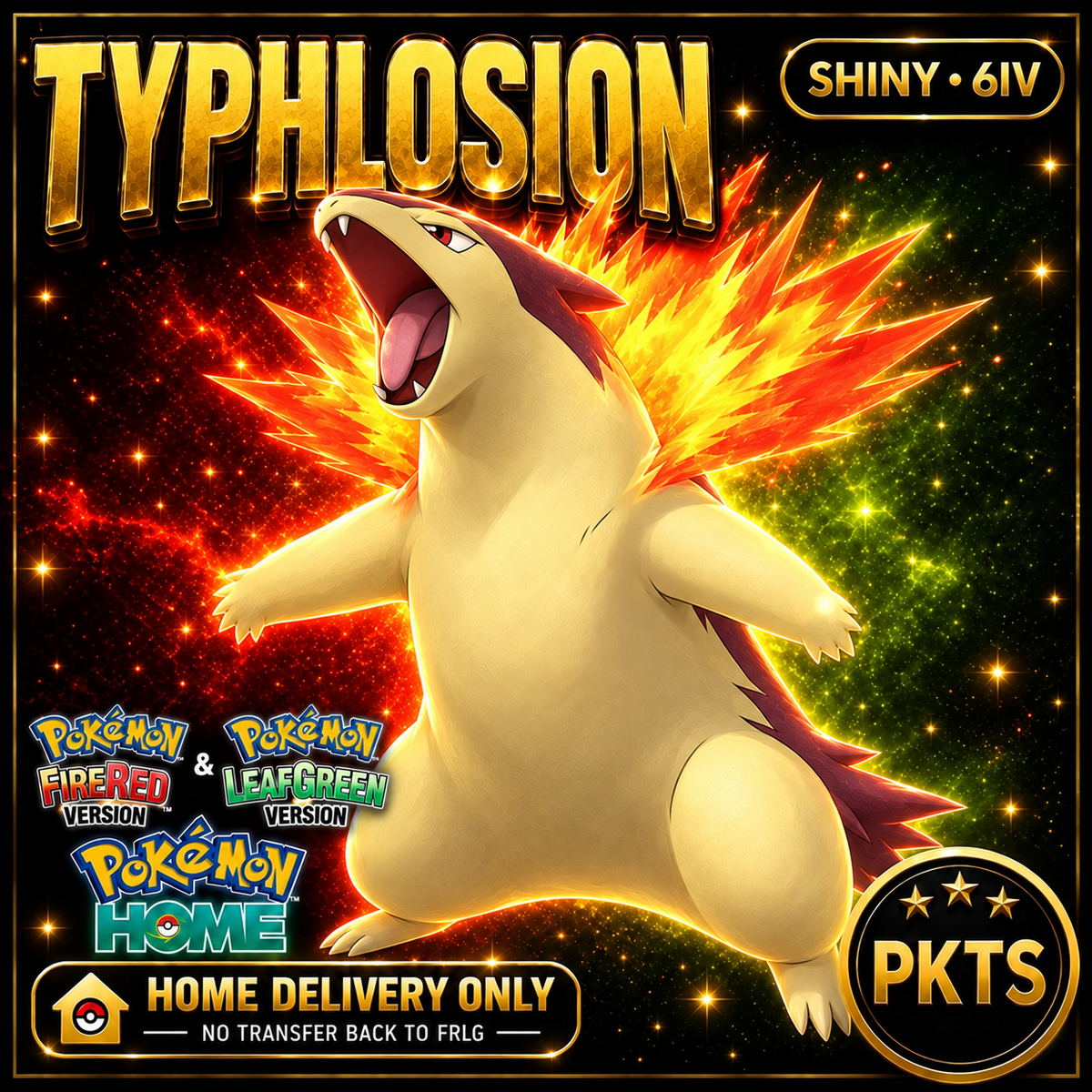 Shiny Typhlosion. Pokémon HOME delivery only; no transfer back to FRLG.
