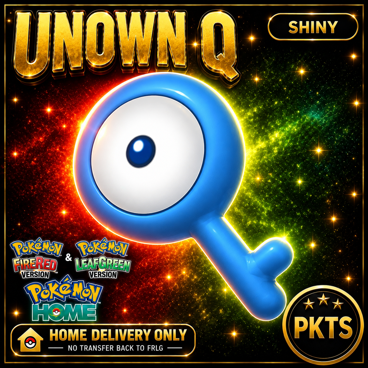 Shiny Unown Q. Pokémon HOME delivery only; no transfer back to FRLG.