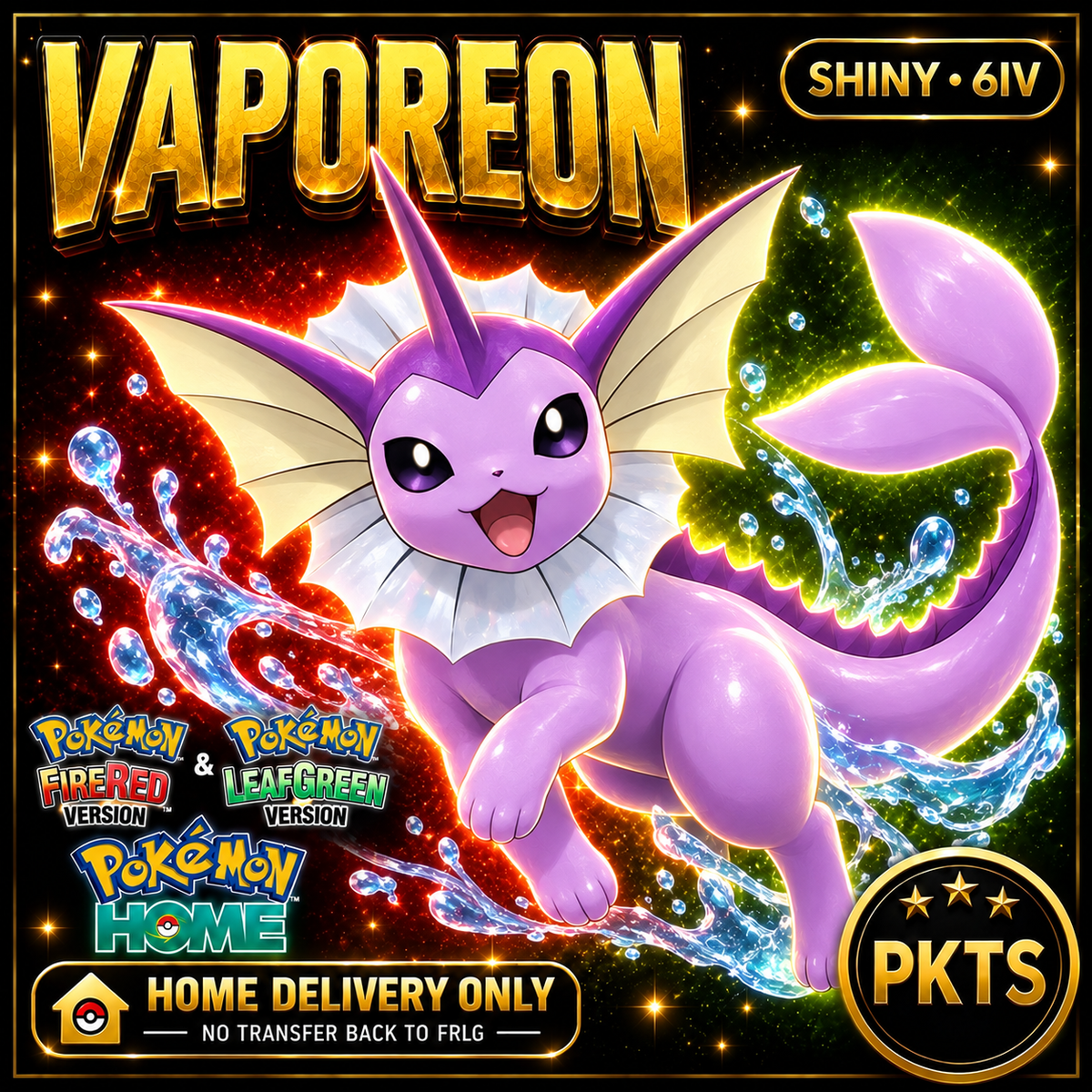 Shiny Vaporeon. Pokémon HOME delivery only; no transfer back to FRLG.