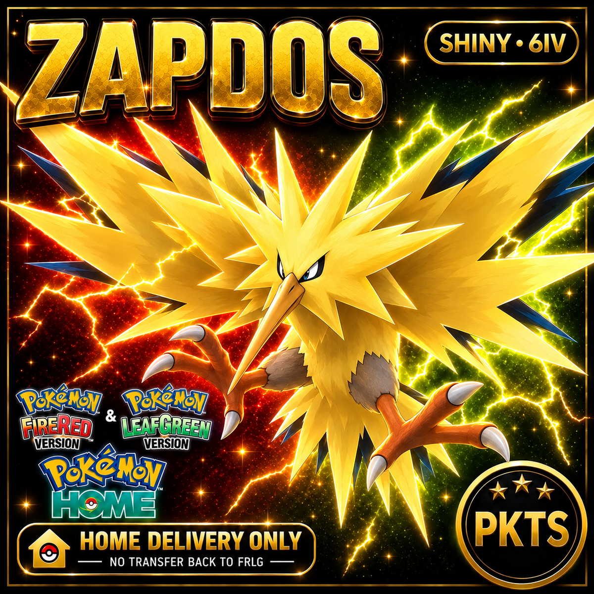Shiny Zapdos. Pokémon HOME delivery only; no transfer back to FRLG.