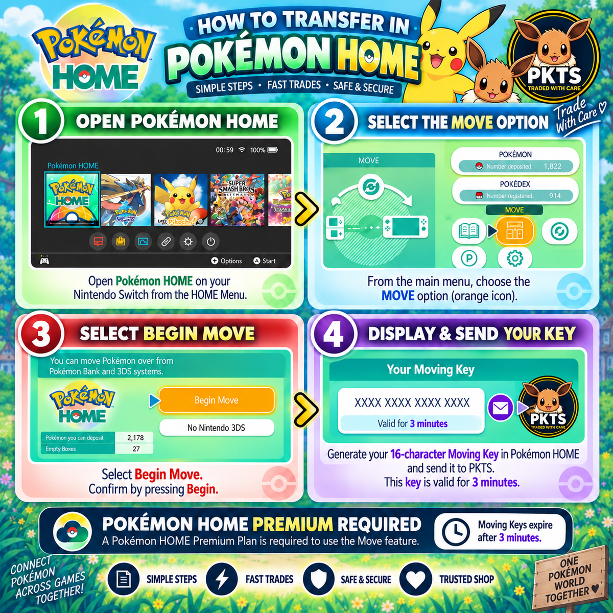 PKTS Nintendo Switch Pokémon HOME transfer guide: generate your Moving Key and send it to PKTS. HOME Premium required; key valid for three minutes.