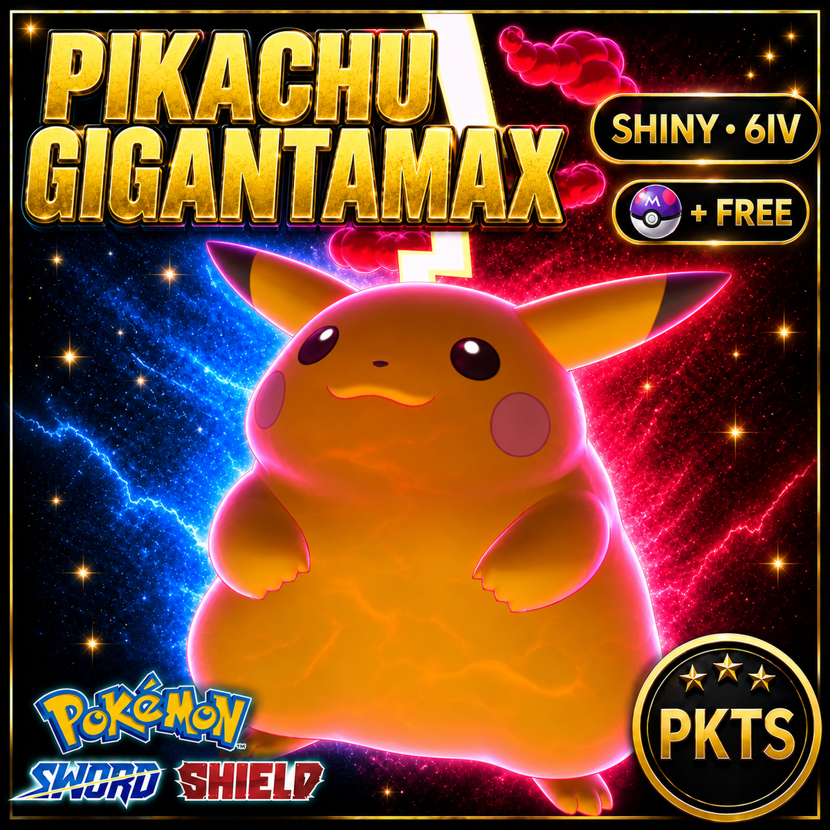 Shiny Pikachu Gigantamax Pokémon Sword Shield 6IV PKTS Image 1