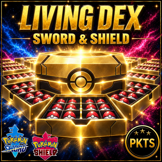 PKTS Living Dex collection service for Pokémon Sword and Shield, with gold collection artwork and the correct game logos.