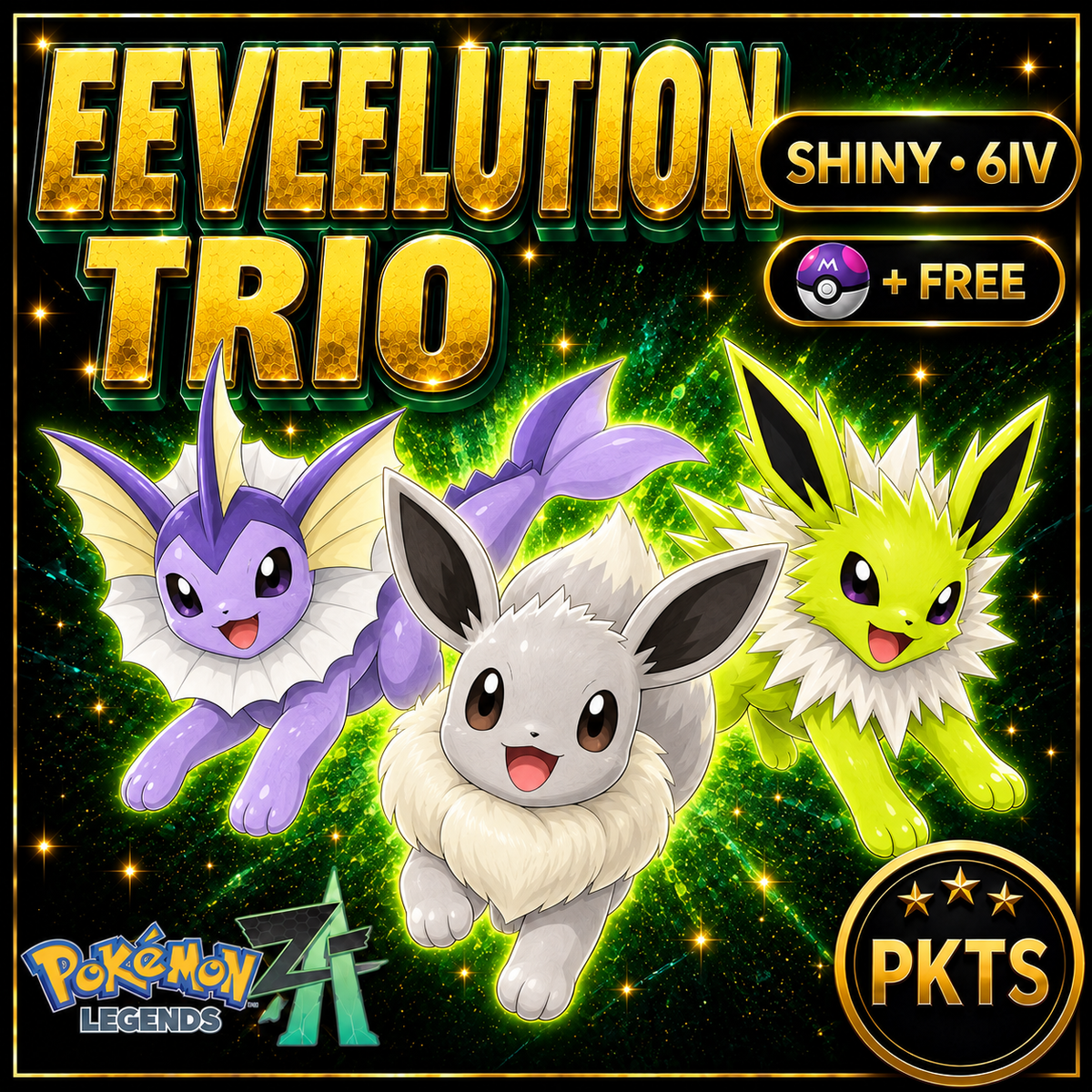 Pokemon ZA Shiny Eeveelution Trio Eevee Vaporeon Jolteon 6IV Custom Battle Ready Bundle Unique Gamer Gift - Image 1