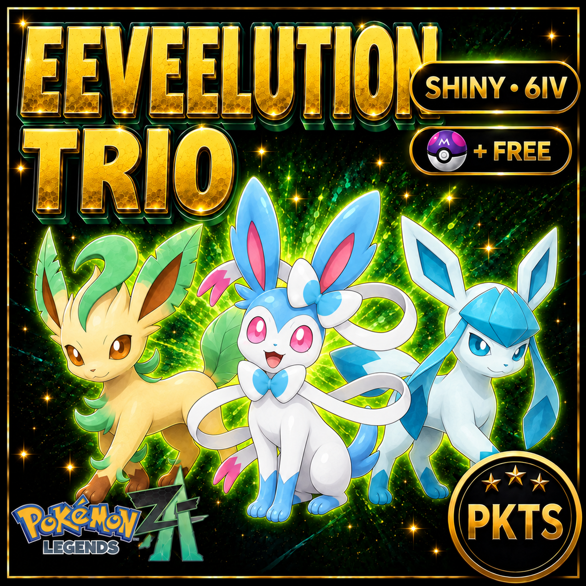 Pokemon ZA Shiny Eeveelution Trio Leafeon Sylveon Glaceon 6IV Custom Battle Ready Bundle Unique Gamer Gift - Image 1